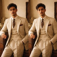 Kahki Linen Men's Suits Summer Beach Wedding Tuxedo Outdoor Casual Three Pieces