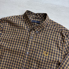 FRED PERRY Long Sleeve Check Shirt Amber Blue Mens Size 42 Large Mod 60s