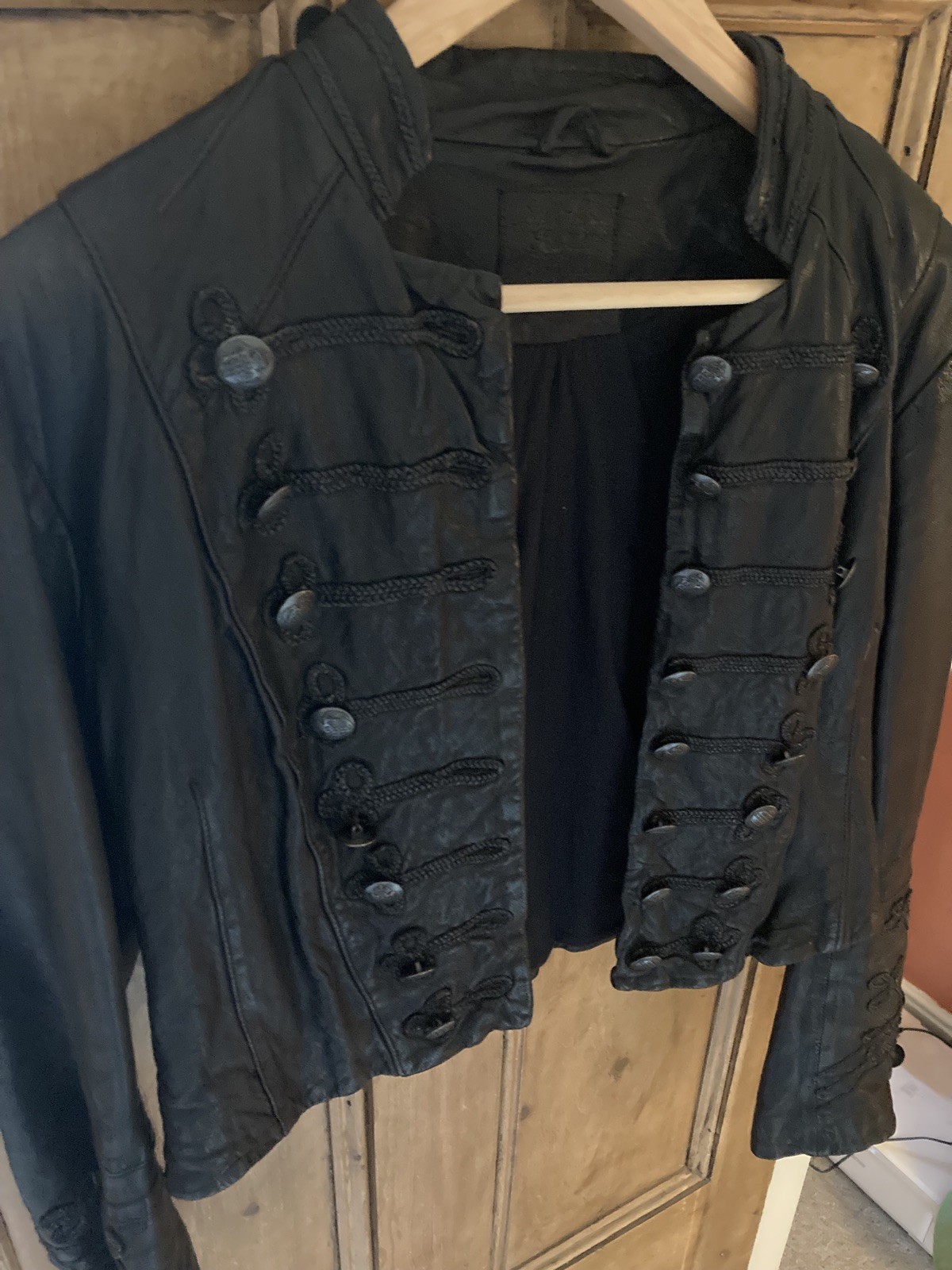 ALL SAINTS KARST BLACK LEATHER MILITARY JACKET, UK10 iconic Rare rock chic 