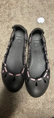 Crocs Springi Stretch Ballet Flat Shoes Espresso Brown Pink Trim Women s Size 6W
