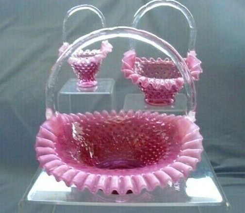 FENTON-1940s~MINT+PERF~(1)10"CRANBERRY"OPALESCENT GLASS"HOBNAIL"BASKET+$4SHIP SP