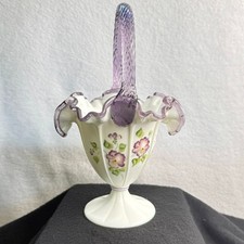 Fenton Hand Painted Pansy Basket – Milk Glass with Lavender Crest & Twisted Hand