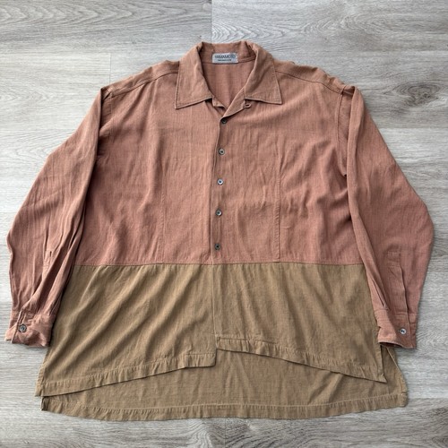 Kansai Yamamoto, Vintage 80s Kansai Yamamoto Masculine Loop Collar Shirt Mens XL Linen Cotton
