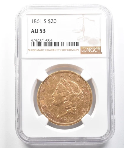 1861-S $20 Liberty Head Gold Double Eagle AU53 NGC *9904