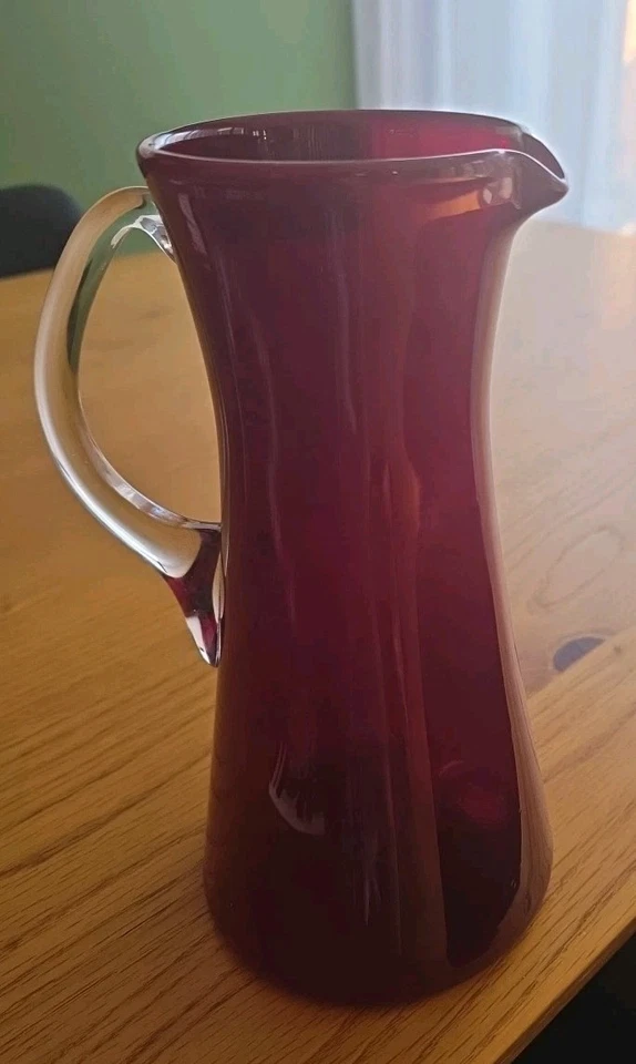 Superb Vintage Red Ruby Hand Blown Glass Pitcher Jug With Clear Handle. EC - Image 3 of 4