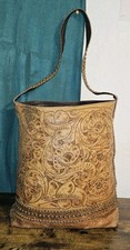 Juan Antonio - Large Hand Tooled Brown Leather Shoulder Bag Tote