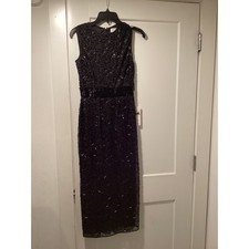 Mac Duggal Black Beaded Sequin Geometric Midi Dress 93758 Womens 0 NWT
