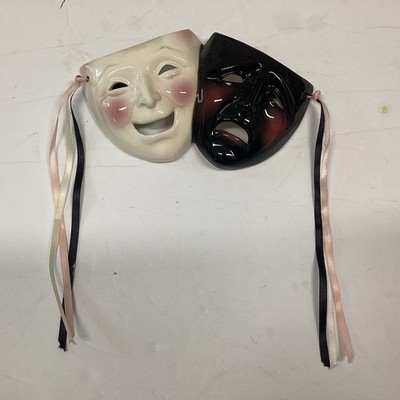 vtg clay art mask classic comedy tragedy faces 1992 glossy hanging ribbons 
