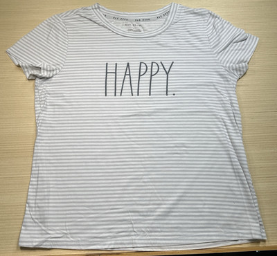 Rae Dunn Wms 'Happy  Short Sleeve T-Shirt Lrg Gray White Cotton Blend Fun