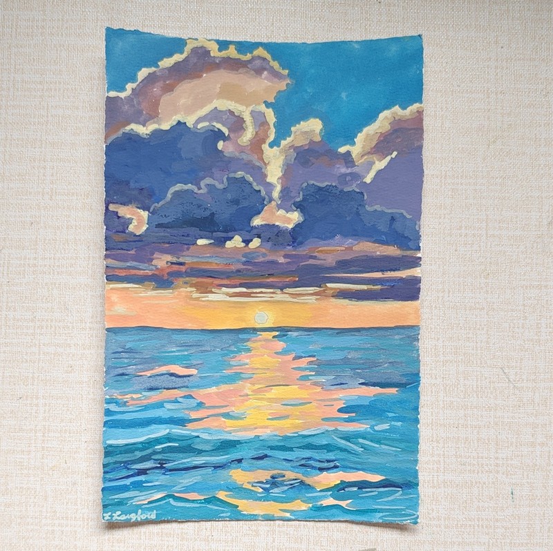 Original Sunset Hues Gouache Painting Laura Langford Signed Paper Art