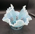 Vtg Fenton? Blue Opalescent Hobnail 2-Horn Epergne 8" Wide Missing One Horn