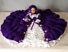 Vintage Crochet Bed Doll Purple White Black Hair Large 24" Wide Handmade