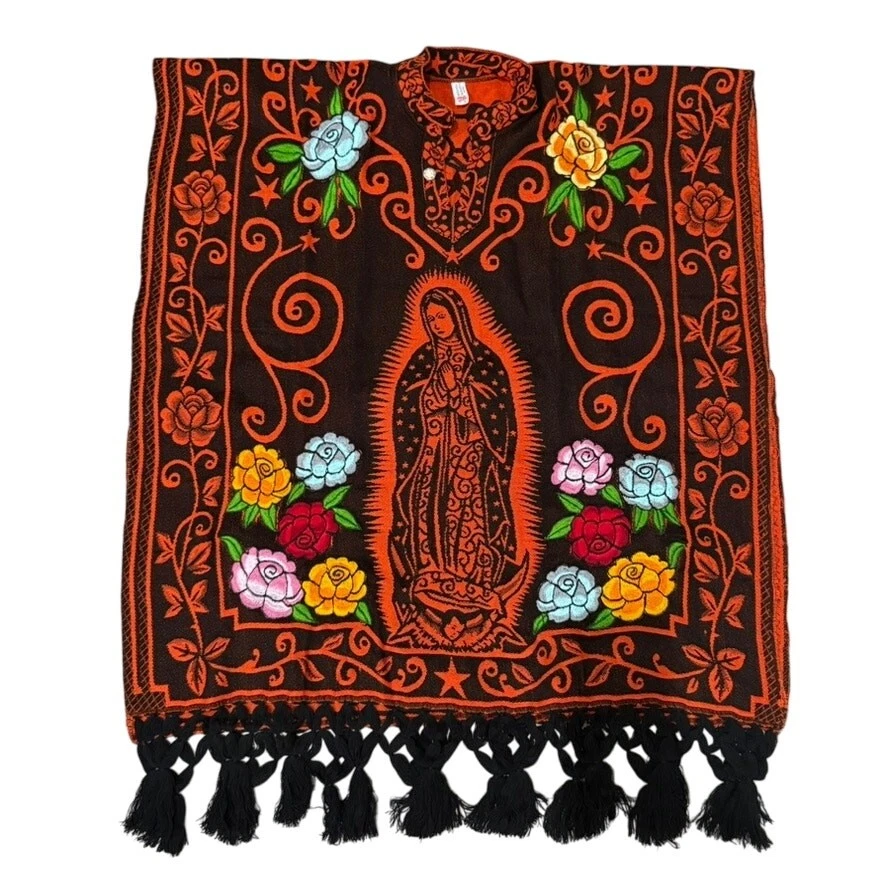 Artesanías San Martin Virgen de Guadalupe Embroidered Poncho in Multi, Size OS