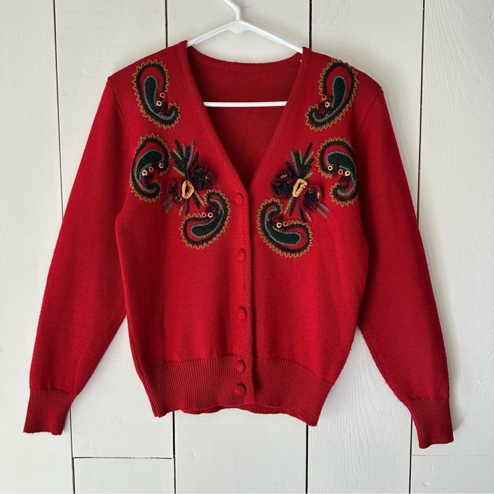VTG 90s Susan Bristol 3D Paisley Cardigan Sweater Sz S Red Wool Blend READ