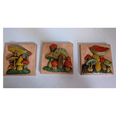 VTG 3D Mushroom Wall Art Plaque Trio Set Home Decor 5.5'' 70s BOHO Retro