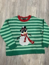 33 Degrees Green Striped SNOWMAN Sweater - Ugly Christmas - Womens XXL