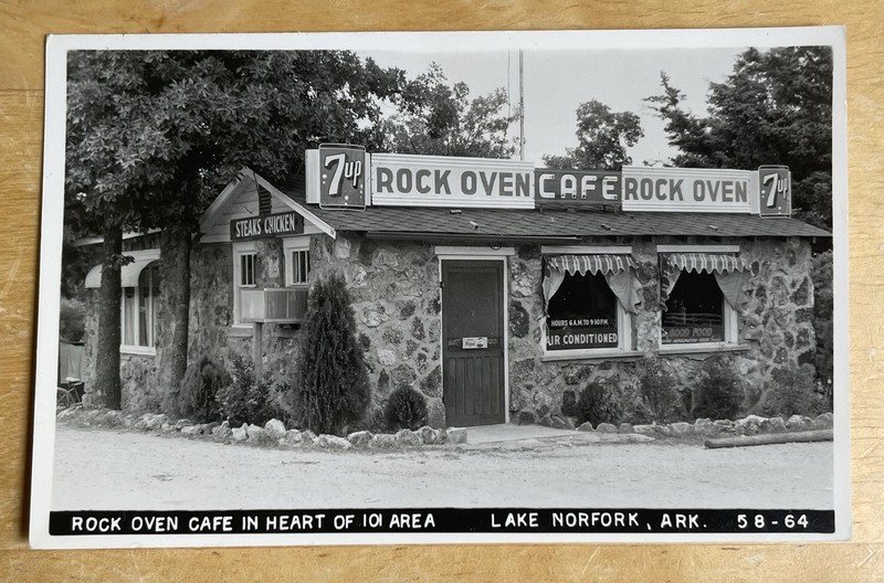 RPPC Rock Oven Cafe At Lake Norfolk, Arkansas. (Pepsi & 7-Up Advertising Signs)