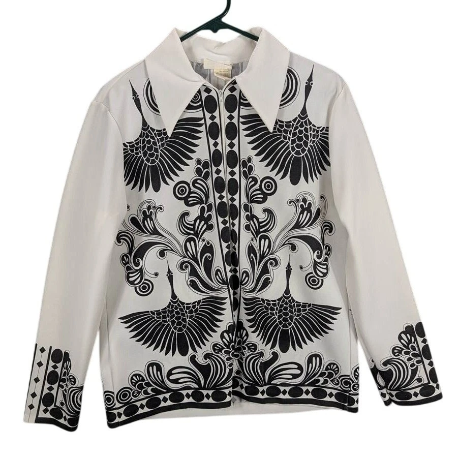 Vtg Shirt Womens Large White Long Sleeve Graphic Zip Floral Bird USA 1970s Retro