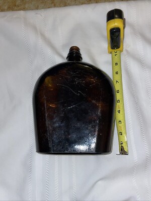 NICE!! Antique Brown Amber Glass Heavy Crude With Straw Marks Canteen? Bottle