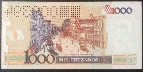 1987 BRAZIL PAPER MONEY - 1,000 CRUZADOS SPECIMEN-MODELO UNCIRCULATED BANKNOTE! - Picture 2 of 2