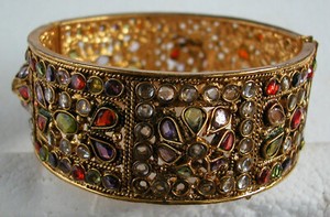 Authentic A Gorgeous Gold Plated Wide Bracelet -Bangle Set With 180 Semi Precious Stones