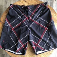Mens Hang Ten Shorts, Swim Trunks, Size XL, Black/Red/White, Quick Dry, TieFront