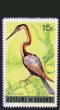 African Darter, Snake Birds, Birds, Burundi 1965 MNH 