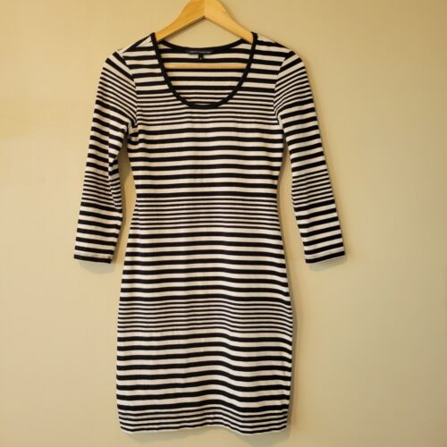 French Connection 3/4 Sleeve Bodycon Black & White Striped Dress Size 8 - Picture 1 of 7