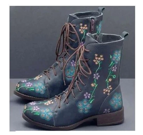 NEW Woman's Fashion Embroidered Flower Vintage Boho Lace Up Ankle Boots/ - Picture 7 of 18