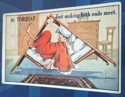 TORQUAY J L Biggar Comic Postkarte 1922 kaputtes Bett NUR BEIDE ENDEN TREFFEN