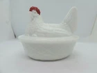 Vintage Westmoreland White Milk Glass Hen Chicken with Red On Nest Dish