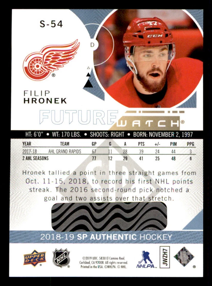 2018-19 SP Authentic Spectrum FX #S54 Filip Hronek FW (ref 239892) - Image 2 of 2