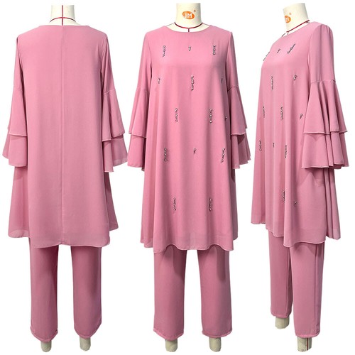2 Piece Women Muslim Long Sleeve Top Pants Suit Abaya Dress Islam Dubai Clothing - 第 17/20 張圖片
