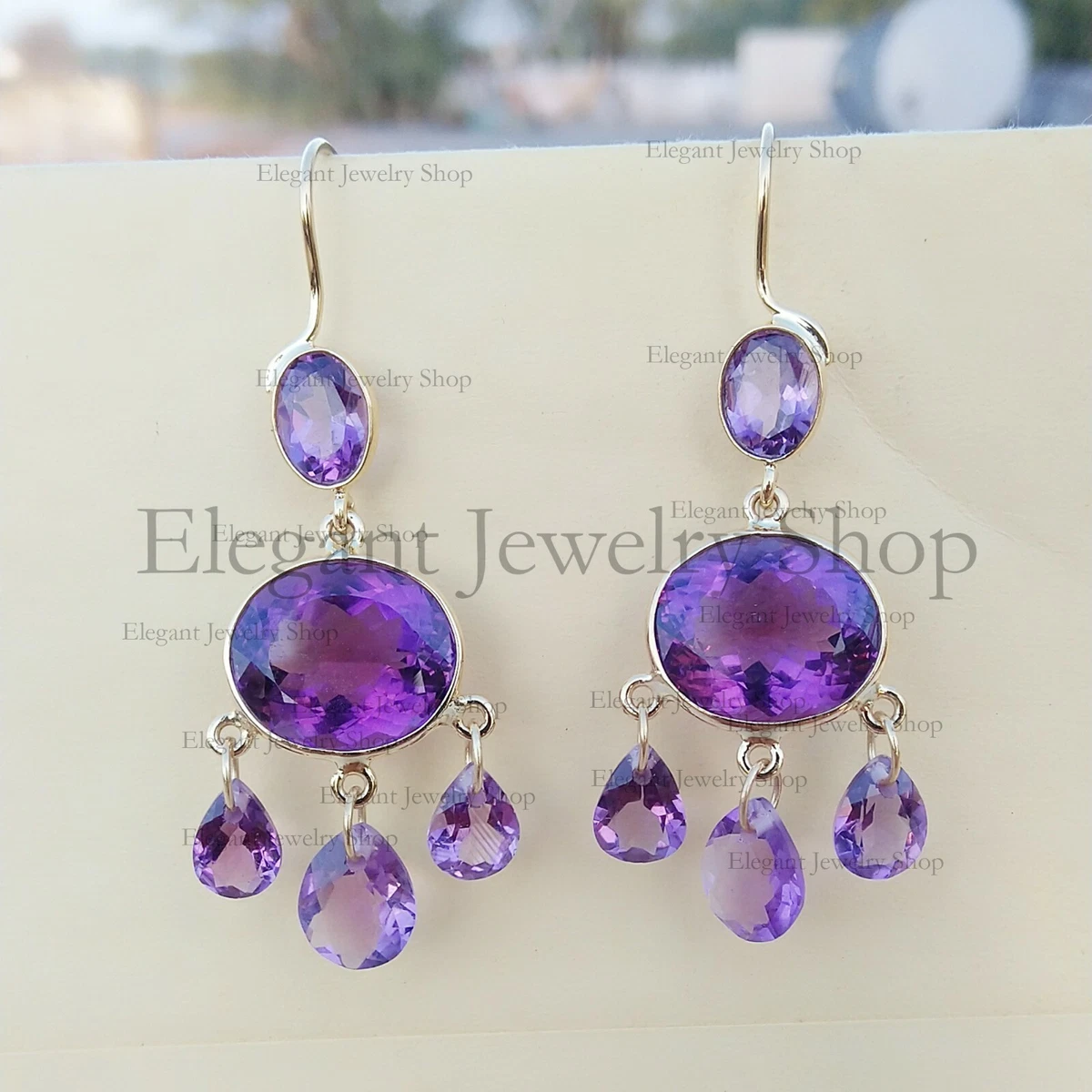 26.15 cts Natural Amethyst Chandelier Earrings 14k Yellow Gold