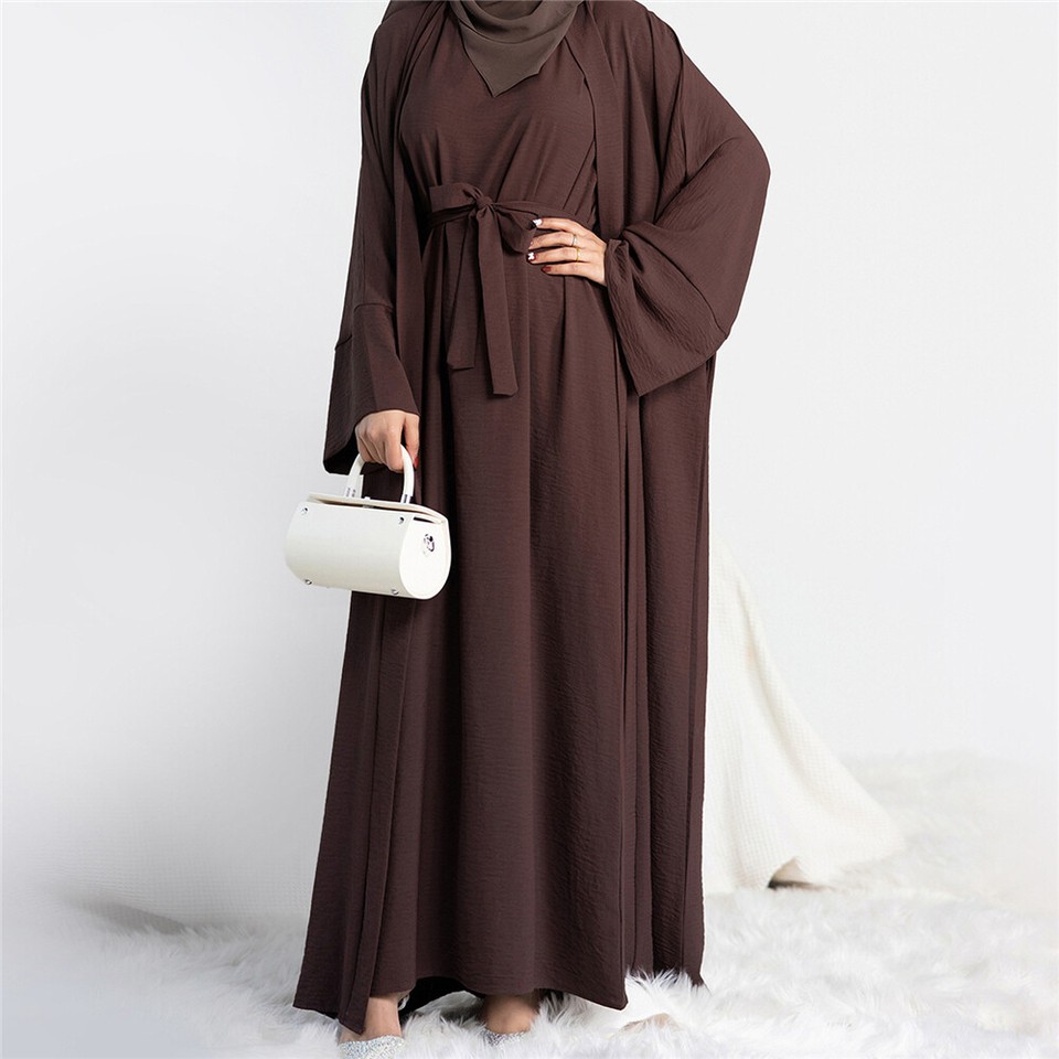 2 Piece Women Muslim Open Abaya Inner Dress Set Dubai Kimono Kaftan ...