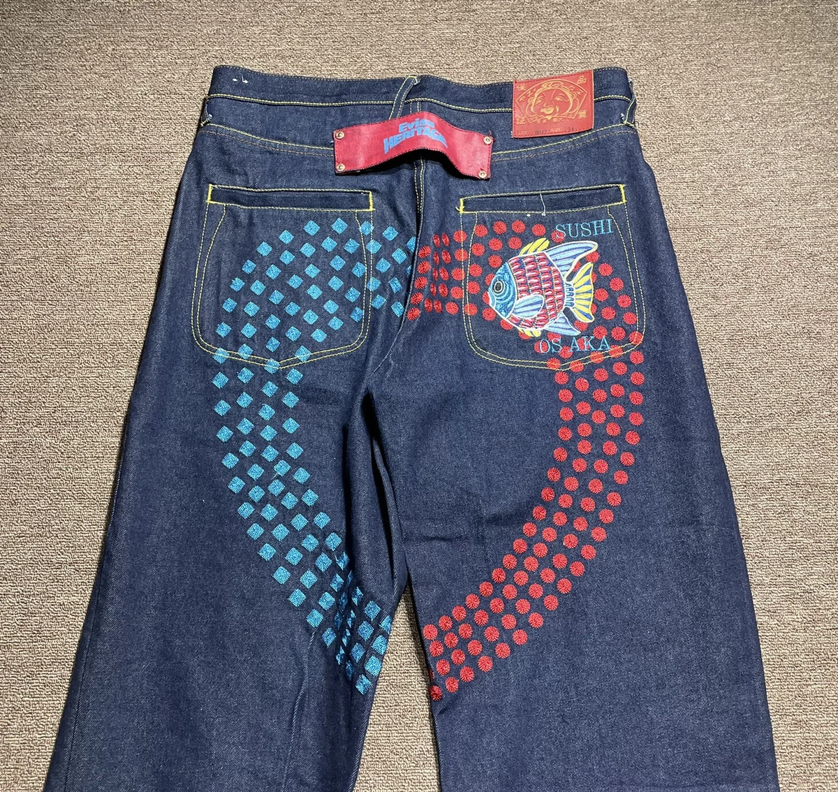 Evisu Jeans Size 34 Japanese Denim Baggy Embroidered Blue Red 34x34 Sushi Osaka