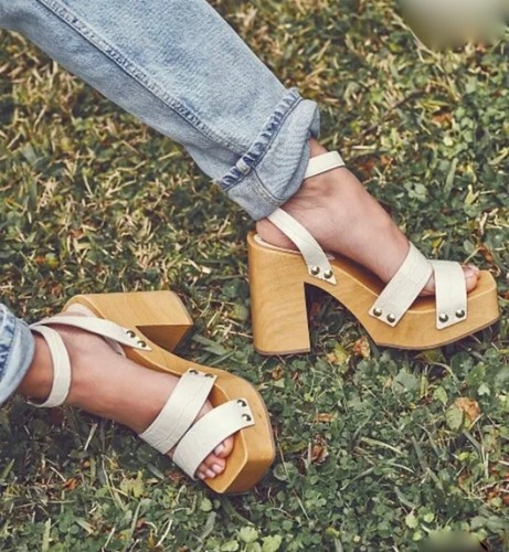 Free People Mallory Sandal Clog Croc Leather Wood Platform White Ivory 38/8 NEW - Picture 2 of 7