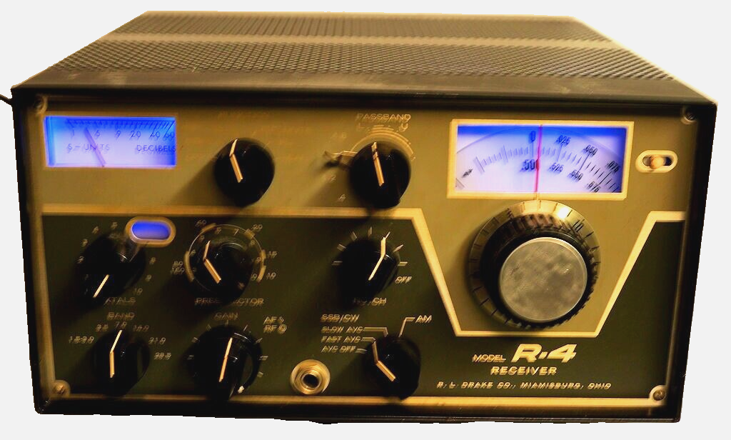 DRAKE R-4 HF AM CW SSB TUBE RECEIVER HAM BANDS w/ BLUE LED BULBS