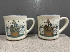2 Vtg BUCKEYE STONEWARE Coffee Mugs Cups Garden BeeHive Basket BirdHouse USA SEE