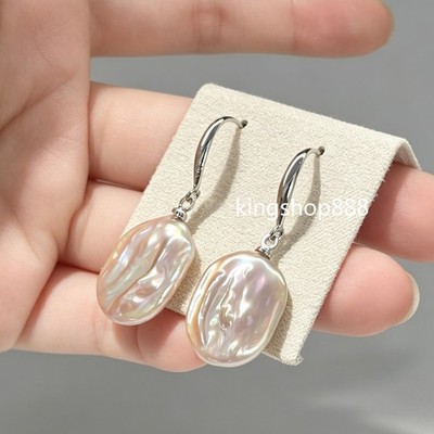 Real Natural Freshwater Flat Baroque Pearl Drop Earrings GP Hook Dangle 15x18mm