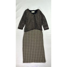 Norton McNaughton Sz M Plaid Maxi Dress and Open Knit Cardigan Set Brown Black