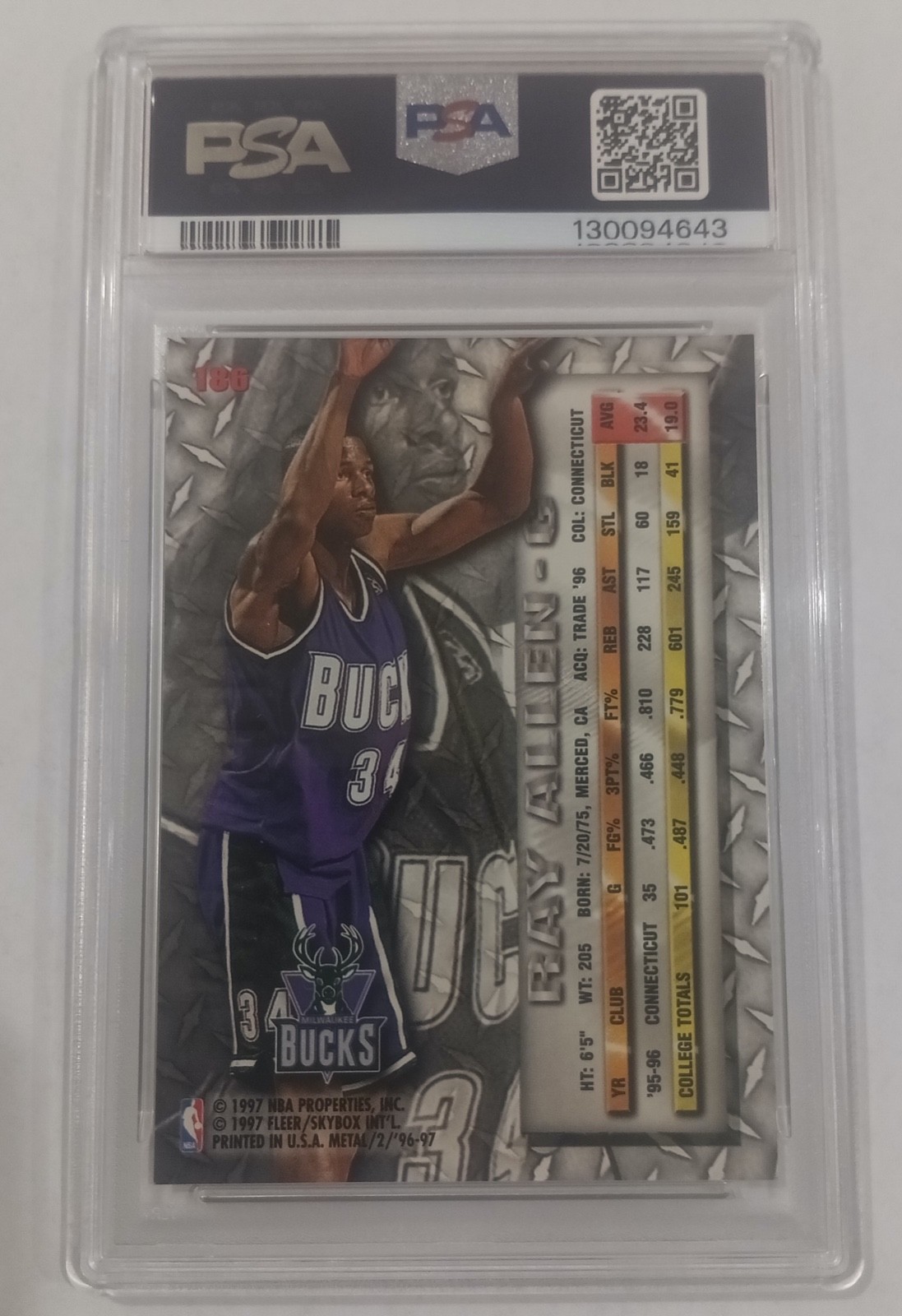 PSA 10 RAY ALLEN ROOKIE RC 1996 FLEER METAL #186 SHARP FOIL GEM MINT BUCKS HOF view 2