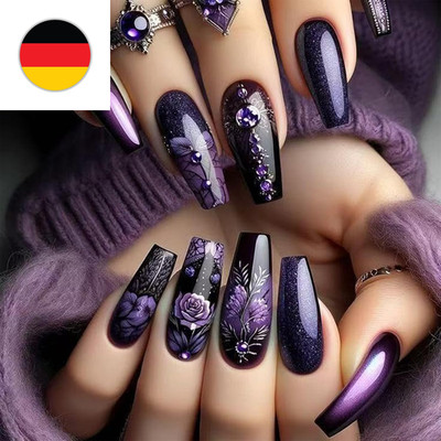 24 Stück Lila Rosen-Nagelkunst, Press on Nails, Nägel Zum Aufkleben, Fake Nails 