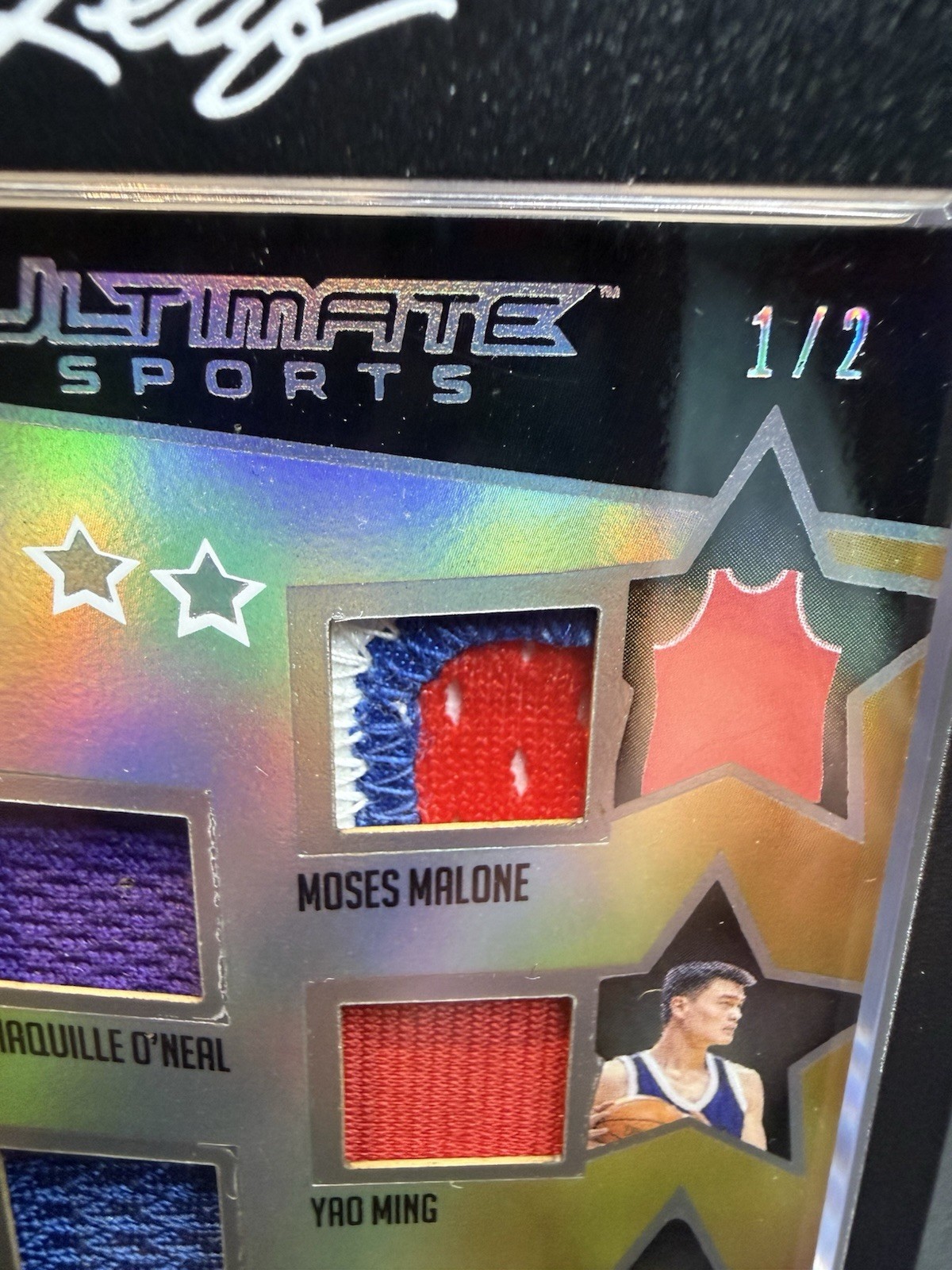 Shaq / Yao / Ewing / Malone / Robinson Leaf Ultimate Game-Used Jersey Card 1/2 view 3