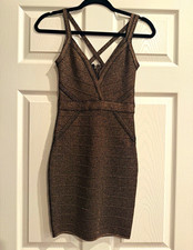 GUESS Gold/Black Solid Knit Bodycon Mini Dress XS V-Neck Strappy Zip Stretch