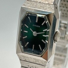 Citizen Manual Wind Square Watch Green Dial Silver Bracelet