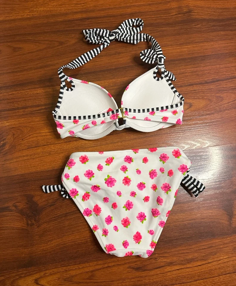 Bikini Victorias Secret Y2K 2012 conjunto de 2 piezas rosa blanco y negro rayas talla S 32C Foto 4 de 4