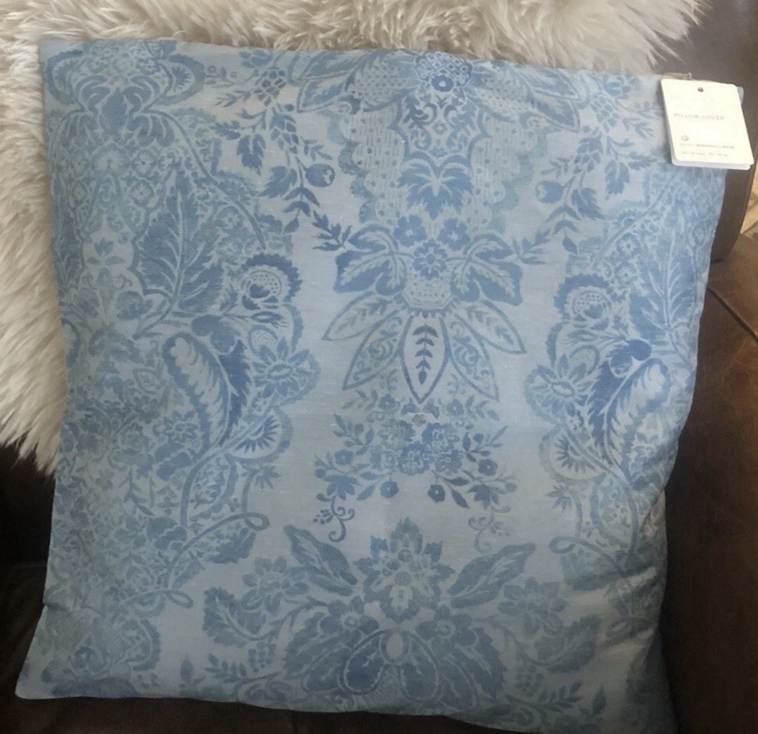 Pottery Barn Cecile 18” Pillow Cover Blue NWOT Cotton Linen Look Tapestry