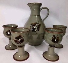 Vintage Glenshee Pottery Scottish Stoneware Jug & 4 Goblets Set Handmade
