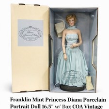 Franklin Mint Diana Princess Of Wales Porcelain Portrait Doll Blue Dress NRFB 